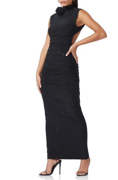 Shop Afrm Germain Rosette Rhinestone Embellished Cutout Maxi Dress In Noir