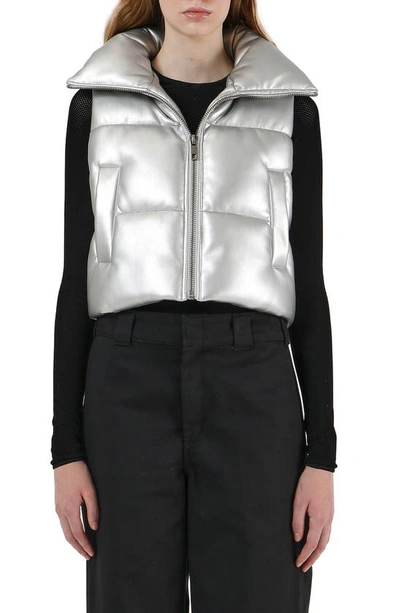 Shop Apparis Shaun Metallic Faux Leather Crop Hooded Puffer Vest In Silver