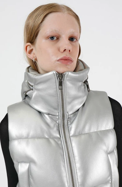 Shop Apparis Shaun Metallic Faux Leather Crop Hooded Puffer Vest In Silver