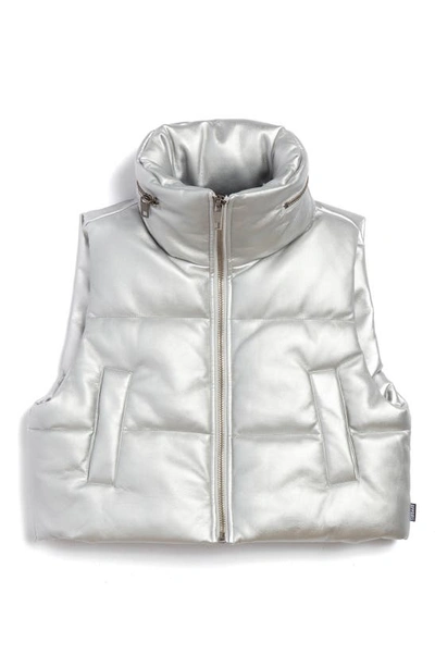 Shop Apparis Shaun Metallic Faux Leather Crop Hooded Puffer Vest In Silver