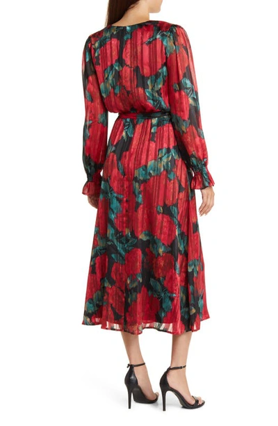 Shop Anne Klein Ruched Sleeve V-neck Midi Dress In Titian Red Multi