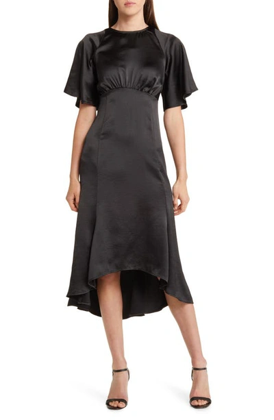 Shop Chelsea28 Flutter Sleeve High-low Satin Midi Dress In Black