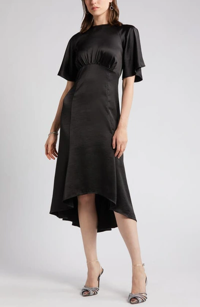 Shop Chelsea28 Flutter Sleeve High-low Satin Midi Dress In Black