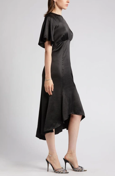 Shop Chelsea28 Flutter Sleeve High-low Satin Midi Dress In Black
