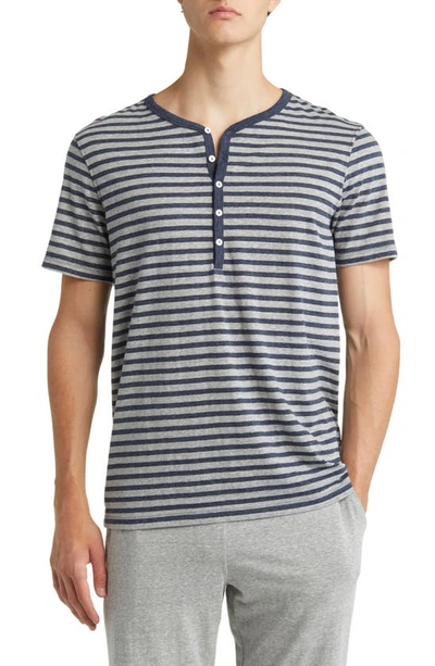 Shop Daniel Buchler Heathered Stripe Recycled Cotton Blend Henley Pajama T-shirt In Navy/ Grey