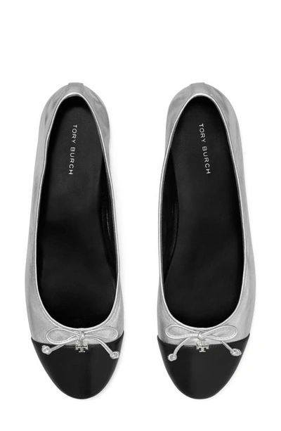 Shop Tory Burch Cap Toe Ballet Flat In Silver / Perfect Black