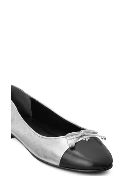 Shop Tory Burch Cap Toe Ballet Flat In Silver / Perfect Black