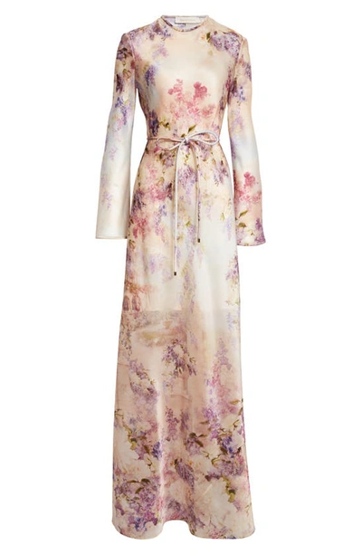 Shop Zimmermann Luminosity Floral Print Long Sleeve Silk Satin Dress In Dreamy Floral