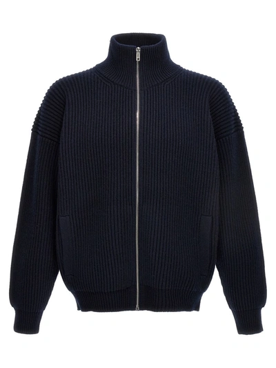 Shop Gucci Logo Embroidery Ribbed Cardigan In Blue