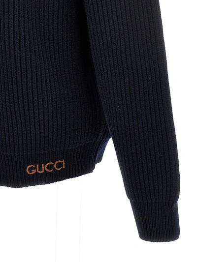 Shop Gucci Logo Embroidery Ribbed Cardigan In Blue