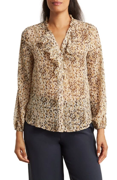 Shop Pleione Ruffle Long Sleeve Button Front Blouse In Brown Khaki Combo Dots