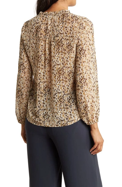 Shop Pleione Ruffle Long Sleeve Button Front Blouse In Brown Khaki Combo Dots