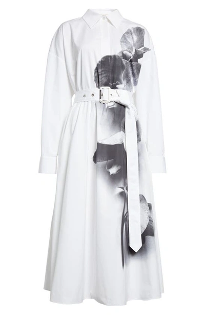 Shop Alexander Mcqueen Orchid Print Belted Long Sleeve Cotton Shirtdress In 9080 White - Black