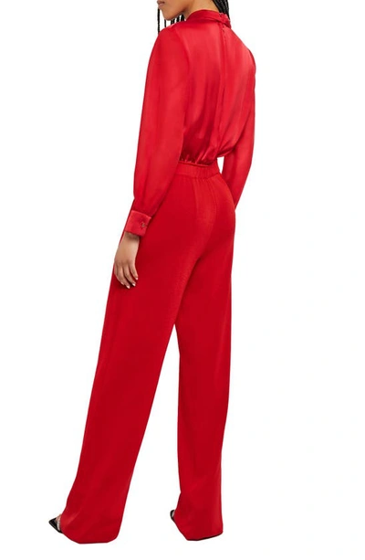 Shop Misook Tie Neck Mixed-media Jumpsuit In Classic Red