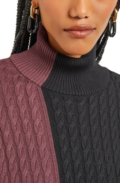 Shop Misook Colorblock Cable Knit Turtleneck Sweater In Mahogany/ Black