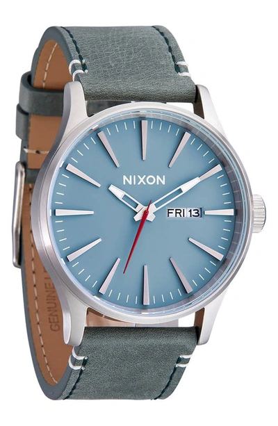 Shop Nixon The Sentry Leather Strap Watch, 42mm In Silver / Blue / Forest