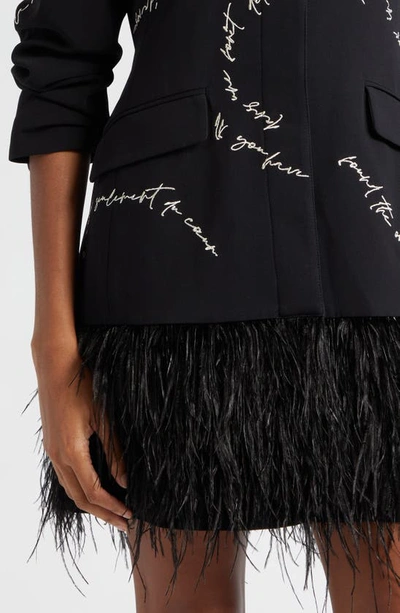 Shop Cinq À Sept Script Embroidery Feather Hem Dress In Black