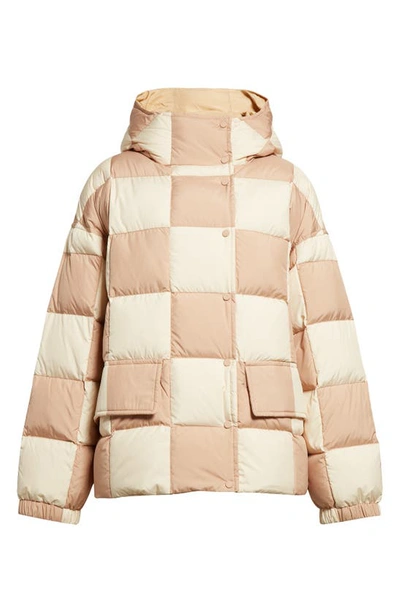Shop Stand Studio Darla Checkered Hooded Down Puffer Jacket In Eggshell/ Sand