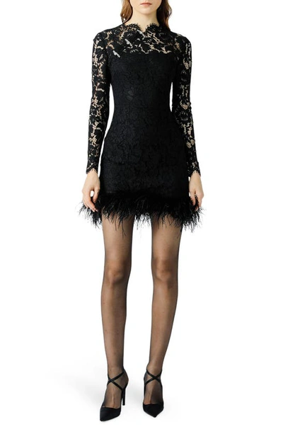 Shop Sau Lee Mara Long Sleeve Ostrich Feather Trim Lace Minidress In Black