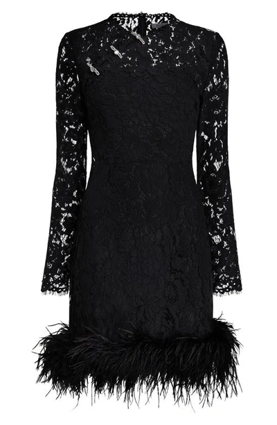 Shop Sau Lee Mara Long Sleeve Ostrich Feather Trim Lace Minidress In Black