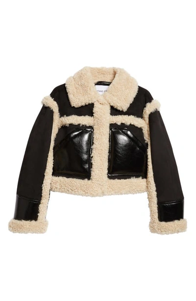 Shop Stand Studio Edith Faux Shearling Trim Faux Suede Crop Jacket In Black/ Natural White