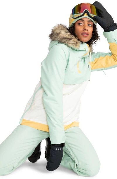 Shop Roxy Shelter Hooded Snow Jacket With Removable Faux Fur Trim In Cameo Green