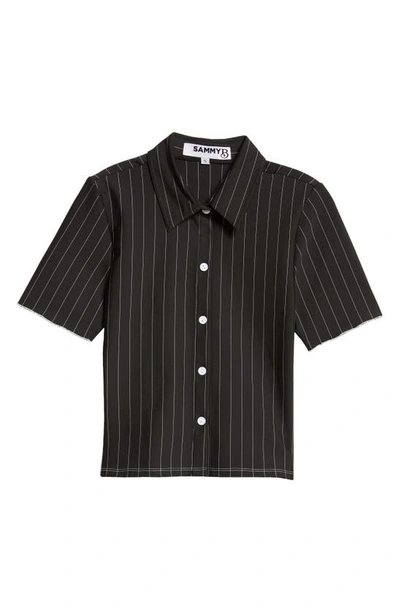 Shop Sammy B Stripe Short Sleeve Crop Button-up Shirt In Black