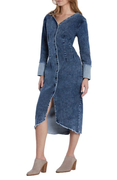Shop Wash Lab Denim Corset Long Sleeve Denim Midi Dress In Hannah Blue