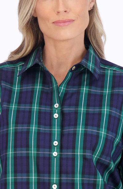 Shop Foxcroft Olivia Blackwatch Plaid Smocked Cuff Cotton Blend Button-up Shirt In Black Watch Plaid