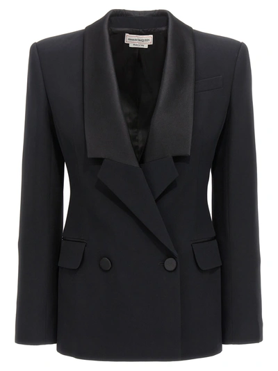 Shop Alexander Mcqueen Double-breasted Blazer With Satin Details Jackets Black