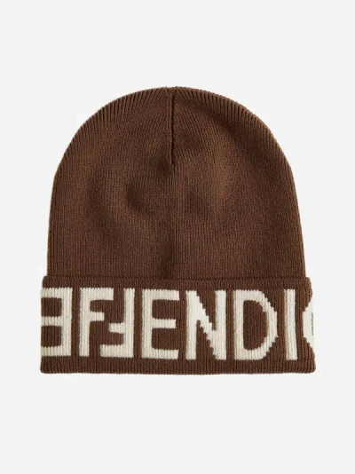 Shop Fendi Logo Wool Beanie In Brown,beige