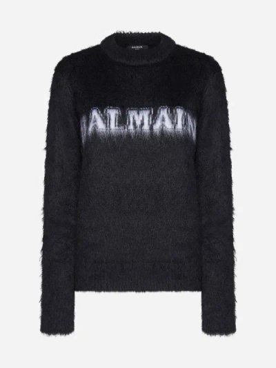 Shop Balmain Logo Mohair-blend Sweater In Black,white