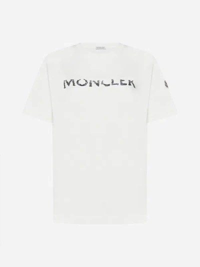 Shop Moncler Logo Cotton T-shirt In Ivory