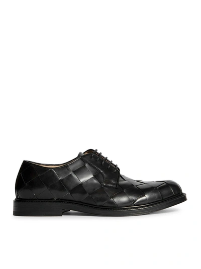 Shop Bottega Veneta Men`s Black Woven Leather Lace-up Shoes In Classic Calfskin