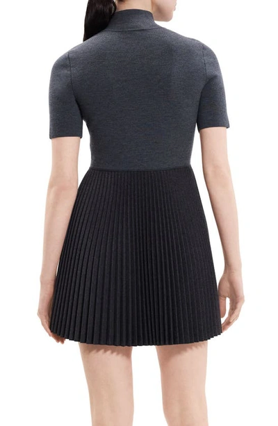 Theory Short-sleeve Pleated Knit Combo Mini Dress In Charcoal Melange