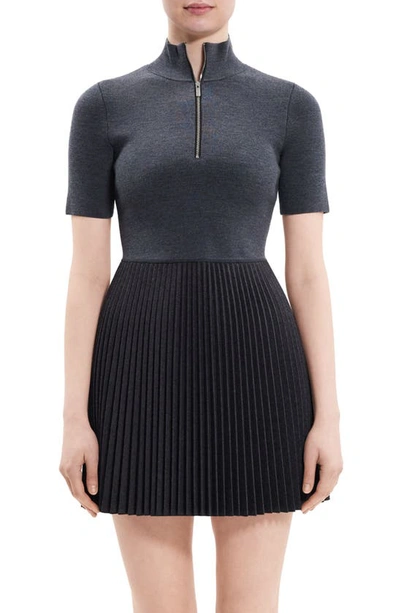 Theory Short-sleeve Pleated Knit Combo Mini Dress In Charcoal Melange