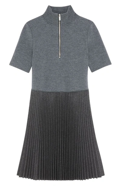 Shop Theory Quarter Zip Pleated Wool Blend Minidress In Charcoal Melange
