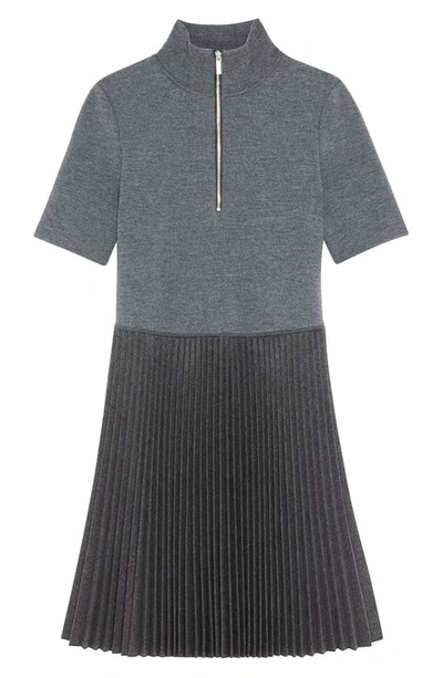 Theory Short-sleeve Pleated Knit Combo Mini Dress In Charcoal Melange