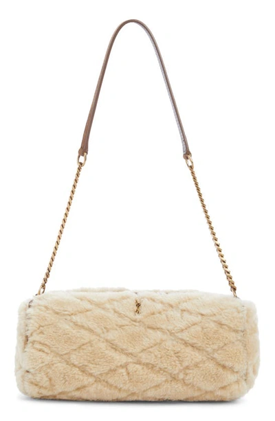 Saint Laurent Sade Mini Tube Shearling Shoulder Bag In Natural Beige/ Dark Cigar
