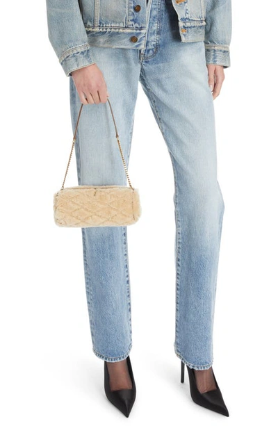 Saint Laurent Sade Mini Tube Shearling Shoulder Bag In Natural Beige/ Dark Cigar