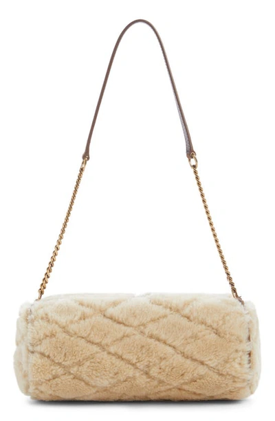 Saint Laurent Sade Mini Tube Shearling Shoulder Bag In Natural Beige/ Dark Cigar