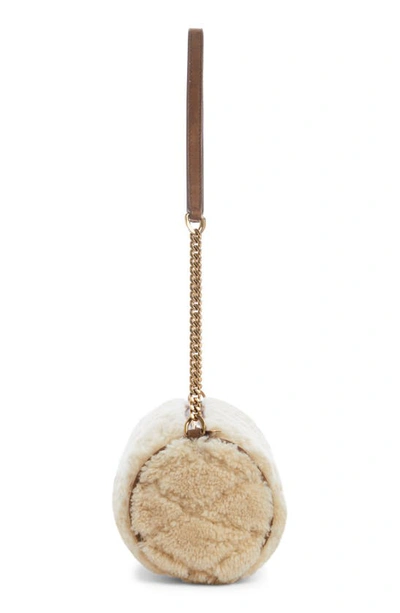 Saint Laurent Sade Mini Tube Shearling Shoulder Bag In Natural Beige/ Dark Cigar