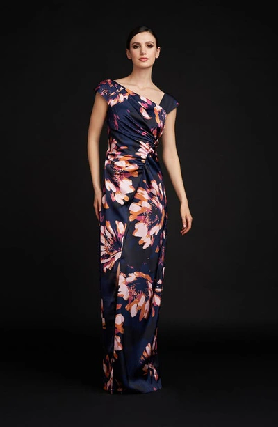 Shop Kay Unger Wafa Floral Column Gown In Dark Midnight Multi