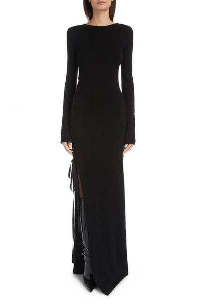 Shop Saint Laurent Side Tie Long Sleeve Wool Column Gown In Noir