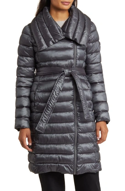 Shop Via Spiga Asymmetric Belted Puffer Coat In Steel