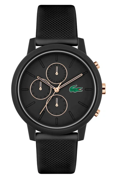 Shop Lacoste 12.12 Chronograph Silicone Strap Watch, 44mm In Black