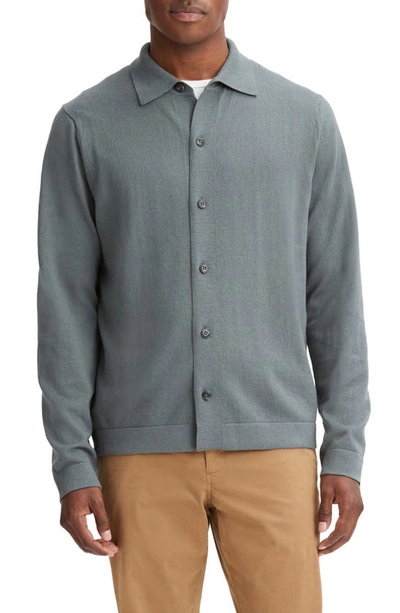 Shop Vince Wool & Cotton Button-up Knit Shirt In Dusty Teal