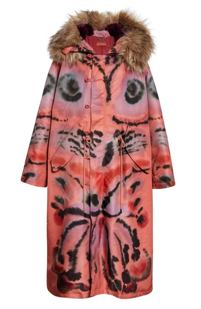 Shop Altuzarra Apollo Abstract Print Faux Fur Detail Hooded Coat In 282624 Persian Rose Rorschach1