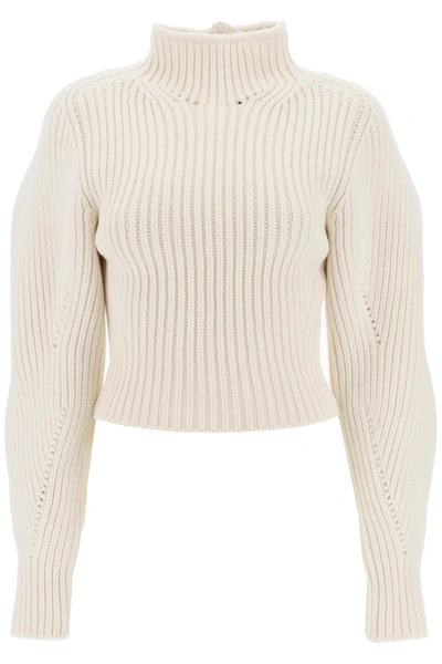 Shop Alaïa Ribbed Sweater With Curved Sleeves In White