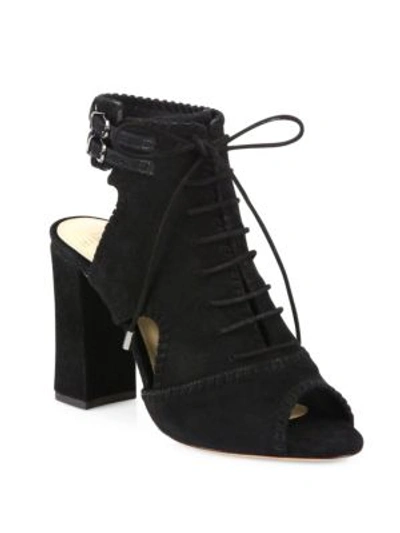 Shop Alexandre Birman Abbe Suede Peep-toe Block-heel Booties In Black